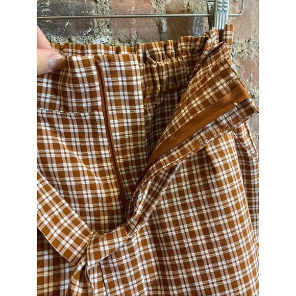 LOTTIE MOSS • Burnt Orange Brown/White Plaid High Waist Belted Paper Bag Shorts - Picture 5 of 11